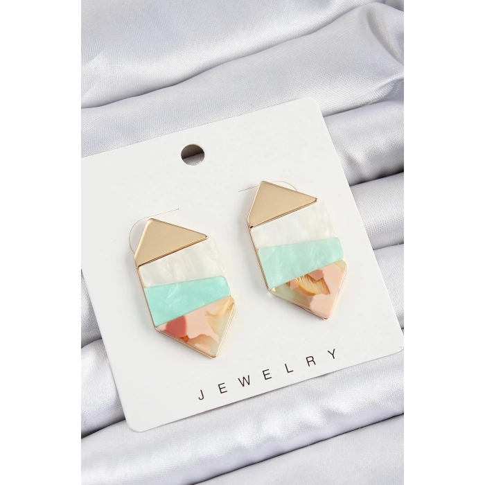 Pirinç Mermer Desenli Vintage Geometrik Model Gold Renk Kadın Küpe