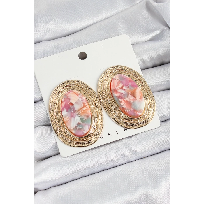 Pirinç Mermer Desenlli Pembe Sedef Oval Vintage Model Gold Renk Kadın Küpe