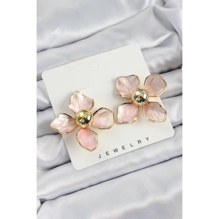 Pirinç Pembe Çiçek Vintage Model Gold Renk Kadın Küpe