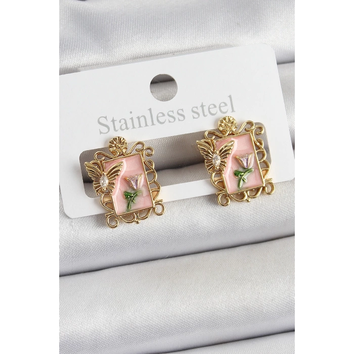 Pirinç Pembe Mineli Sanatsal Portre Model Gold Renk Kadın Küpe