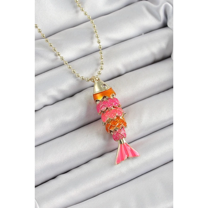 Pirinç Pembe Ve Turuncu Balık Model Zirkon Taşlı Gold Renk Kadın Kolye