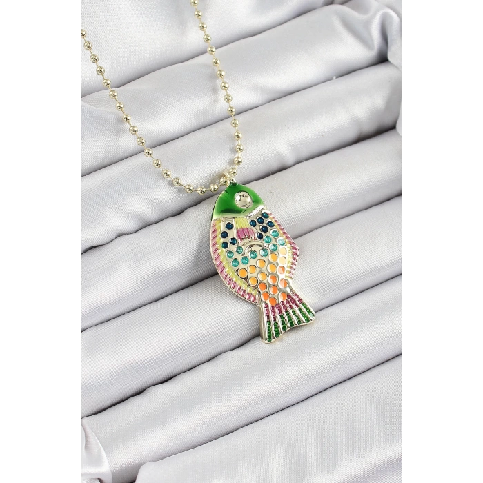 Pirinç Rainbow Balık Model Zirkon Taşlı Gold Renk Kadın Kolye