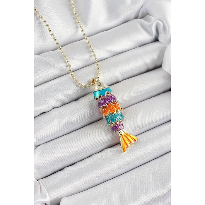Pirinç Rainbow Balık Model Zirkon Taşlı Gold Renk Kadın Kolye