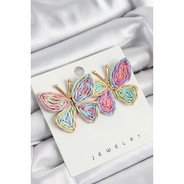 Pirinç Rainbow Kelebek Model Gold Renk Kadın Hasır Küpe