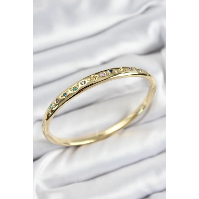 Pirinç Renkli Zirkon Taşlı Kutup Yıldızı Ve Hilal Model Gold Renk Kadın Kelepçe