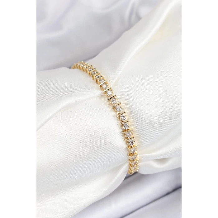 Pirinç Sıralı Çit Model Zirkon Taşlı Gold Renk VİP Seri Kadın Bileklik