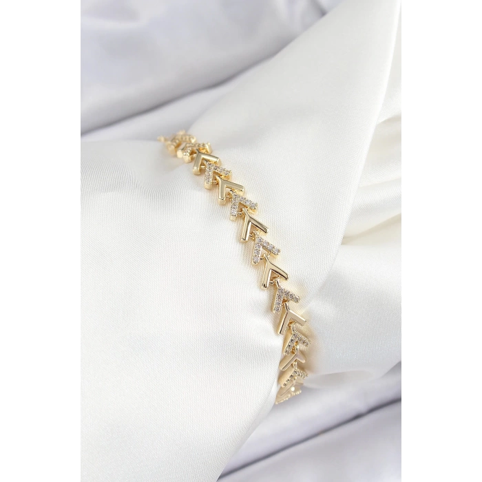 Pirinç Sıralı Ok Model Zirkon Taşlı Gold Renk VİP Seri Kadın Bileklik
