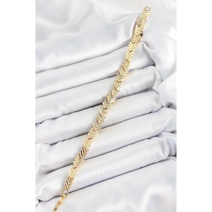 Pirinç Sıralı Ok Model Zirkon Taşlı Gold Renk VİP Seri Kadın Bileklik