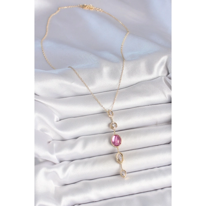 Pirinç Zincir Gold Renk Pembe Zirkon Taşlı Y Kolye