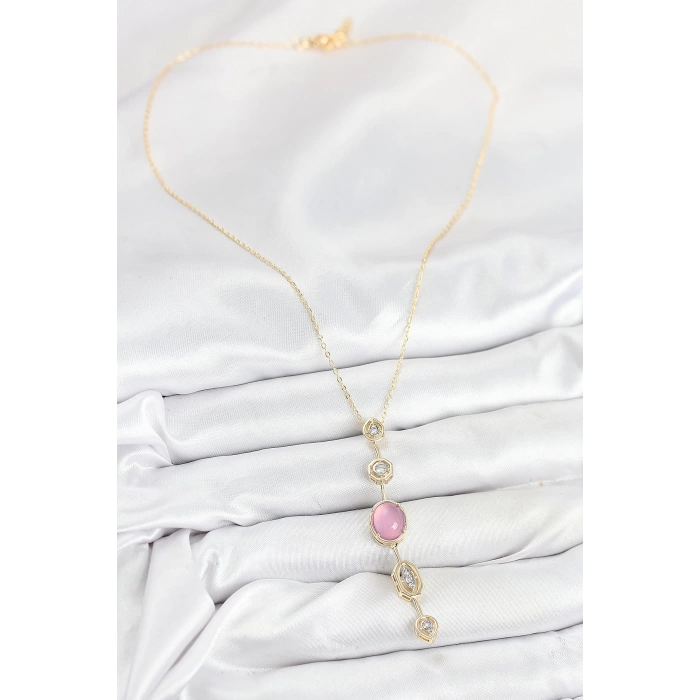 Pirinç Zincir Pembe Gold Renk Zirkon Taşlı Y Kolye