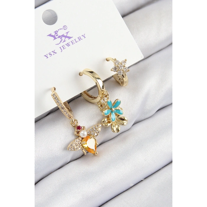 Pirinç Zirkon Taşlı 3lü Arı Ve Çiçek Model Gold Renk Kadın Küpe