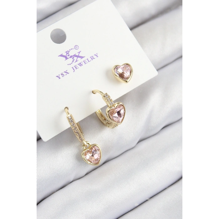 Pirinç Zirkon Taşlı 3lü Pembe Kalp Model Gold Renk Kadın Küpe