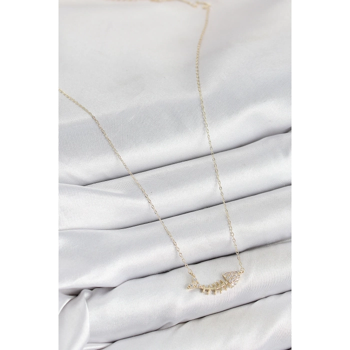 Pirinç Zirkon Taşlı Balık Kılçığı Model Gold Renk Kadın Kolye