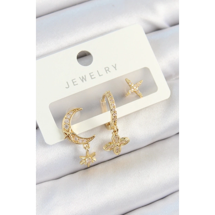 Pirinç Zirkon Taşlı Çiçek Ve Ay Model Gold Renk 3lü Çift Kadın Küpe Set