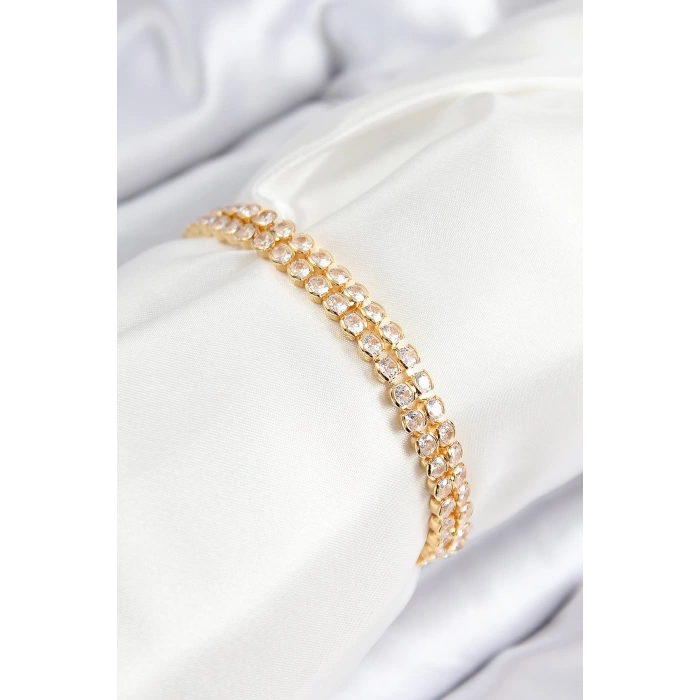 Pirinç Zirkon Taşlı Çift Sıra Model Gold Renk Asansörlü Kadın Bileklik