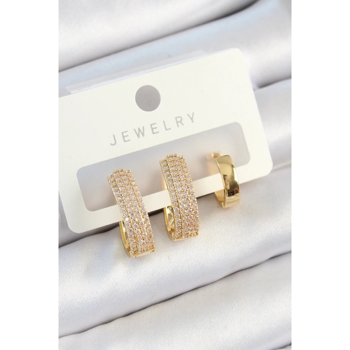 Pirinç Zirkon Taşlı Damla Model Gold Renk 3lü Çift Kadın Küpe Set
