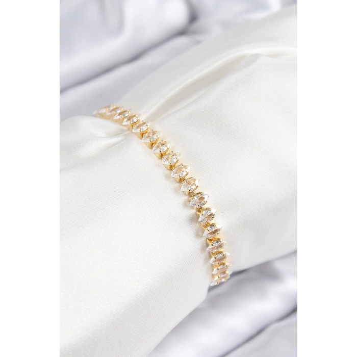 Pirinç Zirkon Taşlı Damla Model Gold Renk Asansörlü Kadın Bileklik