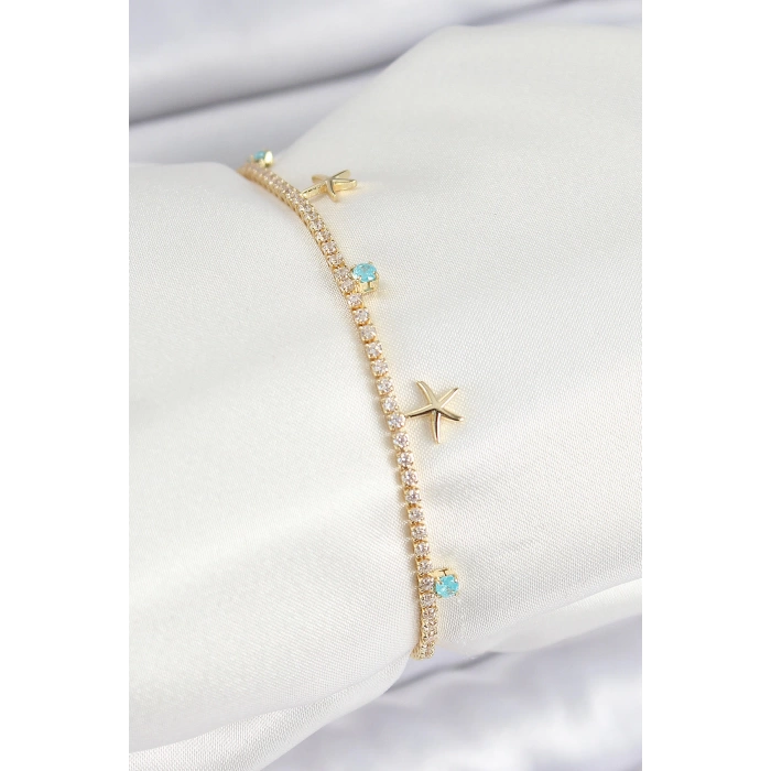 Pirinç Zirkon Taşlı Deniz Yıldızı Model Gold Renk Kadın Bilekilk