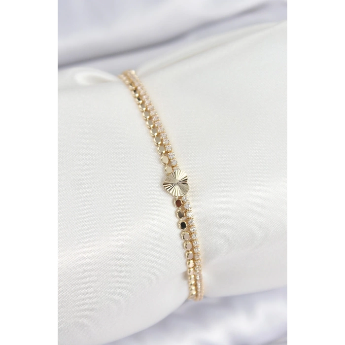 Pirinç Zirkon Taşlı Ezme Zincirli Kalp Model Gold Renk Kadın Bilekilk