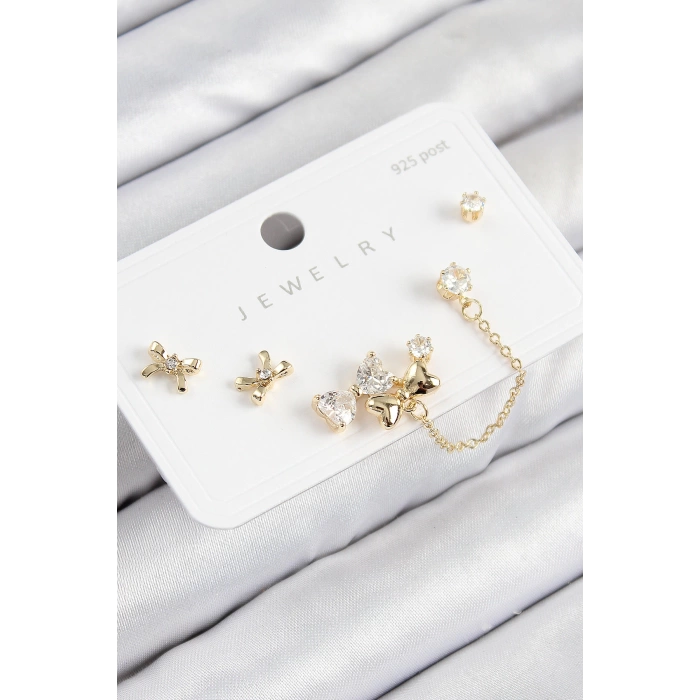 Pirinç Zirkon Taşlı Fiyonk Model Gold Renk 925 Ayar Gümüş Çivi Kadın Küpe Set