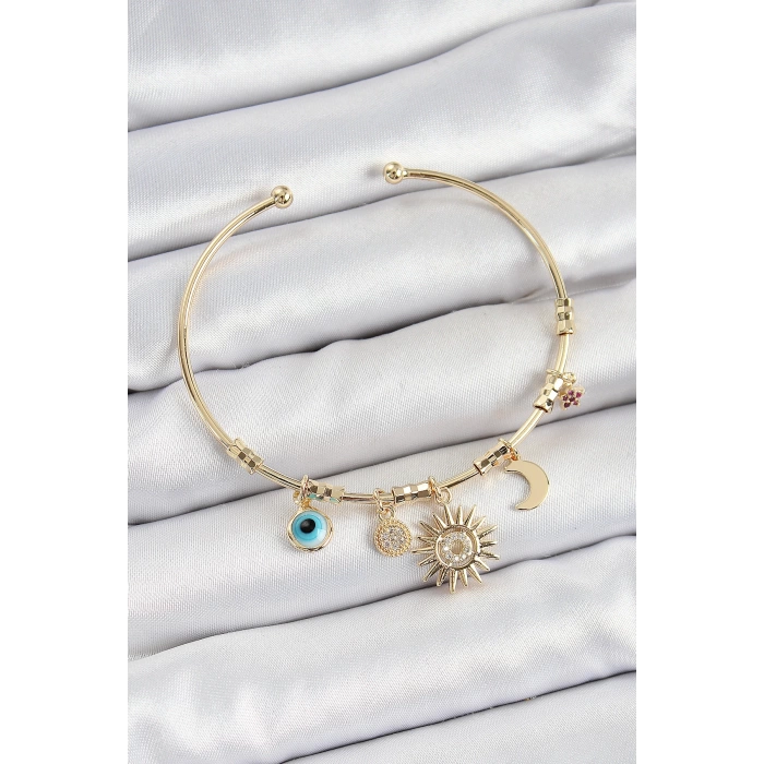 Pirinç Zirkon Taşlı Güneş Ay Nazar Model Gold Renk Charm Bileklik