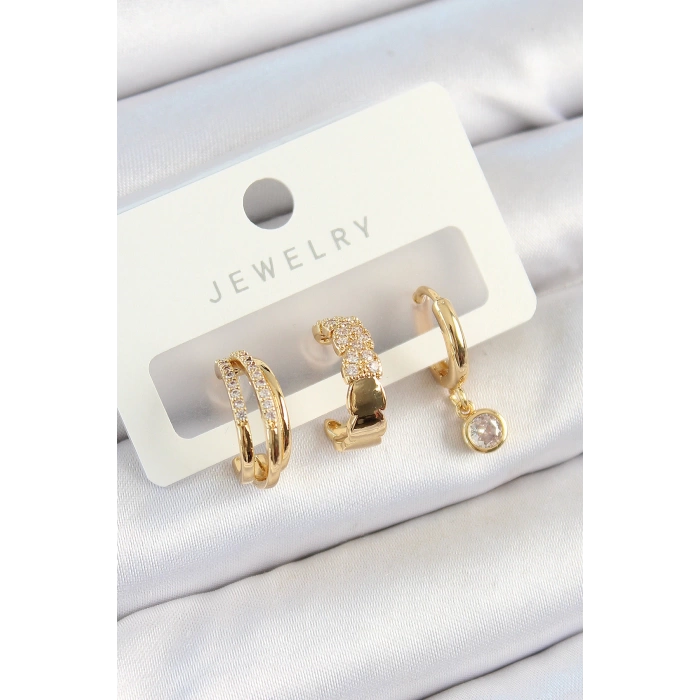 Pirinç Zirkon Taşlı Halka Model Gold Renk 3lü Çift Kadın Küpe Set