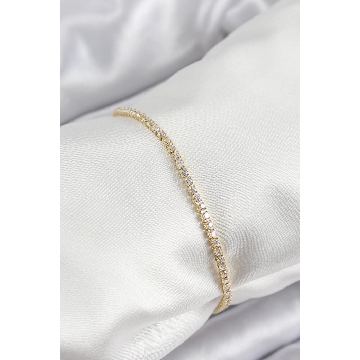 Pirinç Zirkon Taşlı İnce Su Yolu Model Gold Renk Kadın Bileklik