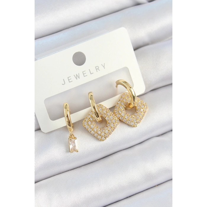 Pirinç Zirkon Taşlı Kare Model Gold Renk 3lü Çift Kadın Küpe Set