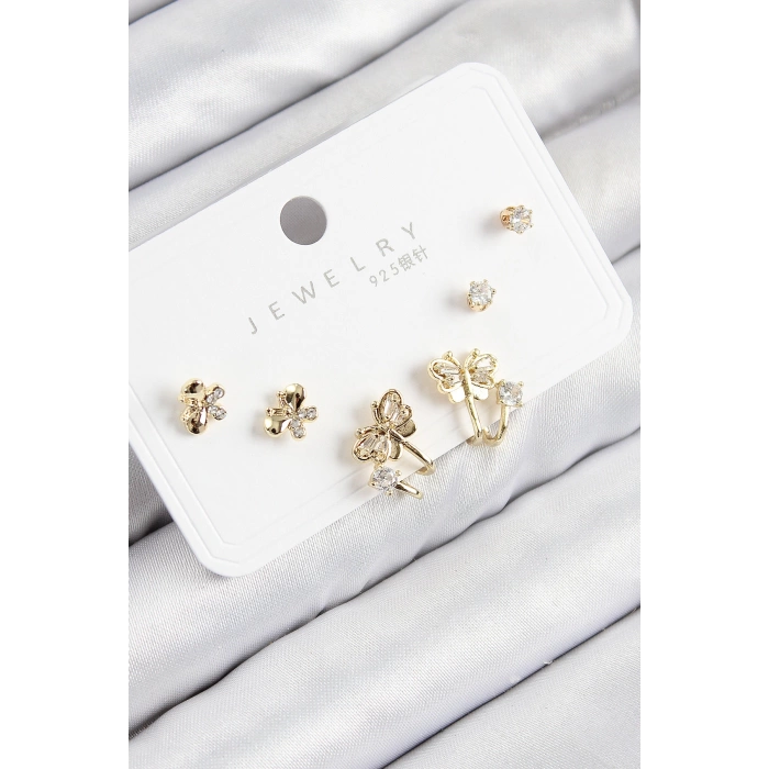 Pirinç Zirkon Taşlı Kelebek Model Gold Renk 925 Ayar Gümüş Çivi Kadın Küpe Set