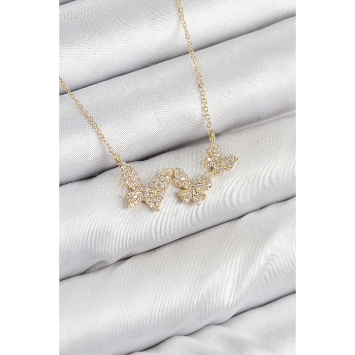 Pirinç Zirkon Taşlı Kelebek Model Gold Renk Kadın Kolye
