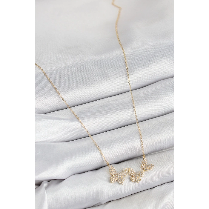 Pirinç Zirkon Taşlı Kelebek Model Gold Renk Kadın Kolye