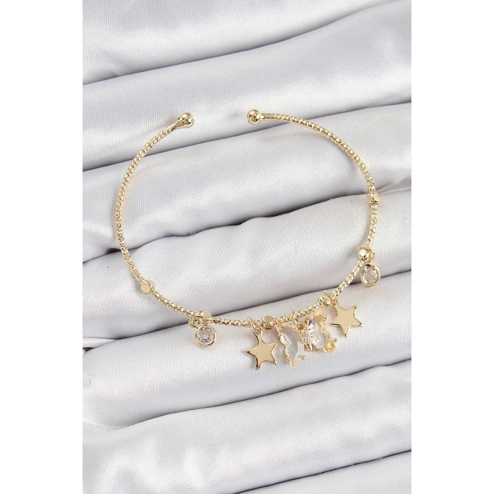 Pirinç Zirkon Taşlı Kelebek Ve Yıldız Model Gold Renk Charm Bileklik