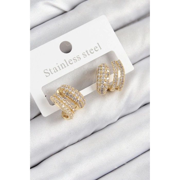 Pirinç Zirkon Taşlı Kıvrımlı Model Gold Renk Kadın Küpe