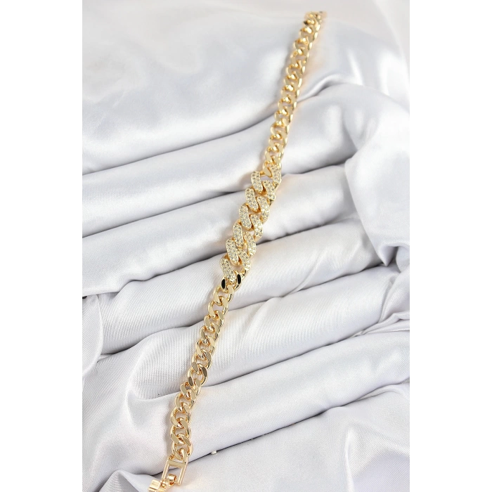 Pirinç Zirkon Taşlı Küba Zincir Model Gold Renk Kadın Bileklik