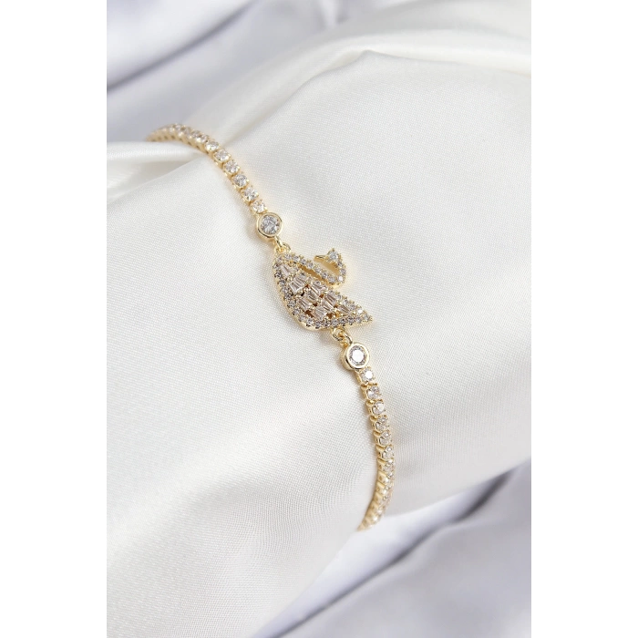 Pirinç Zirkon Taşlı Kuğu Model Gold Renk Kadın Bileklik