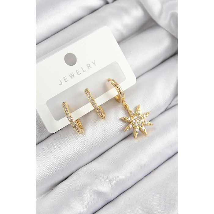 Pirinç Zirkon Taşlı Kutup Yıldızı Model Gold Renk 3lü Set Kadın Küpe