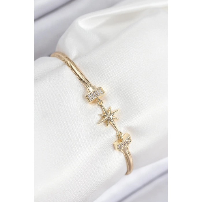 Pirinç Zirkon Taşlı Kutup Yıldızı Model Gold Renk Kadın Bileklik