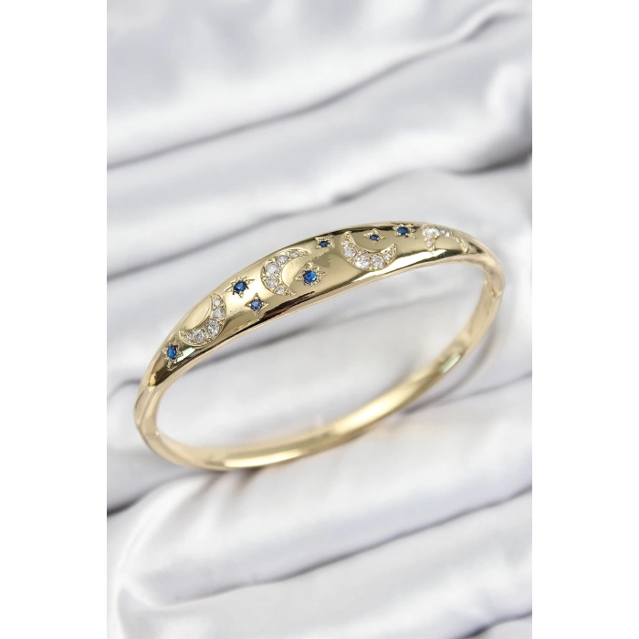 Pirinç Zirkon Taşlı Kutup Yıldızı Ve Hilal Model Gold Renk Kadın Kelepçe