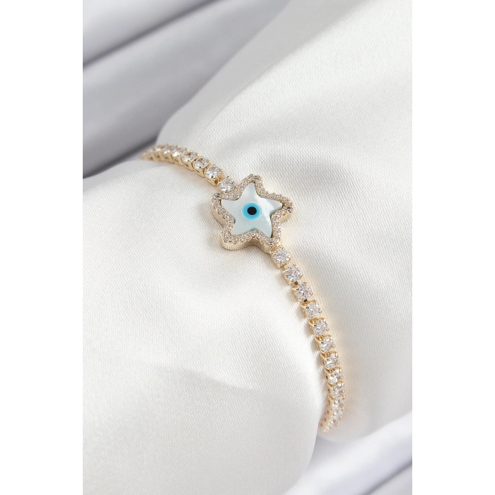 Pirinç Zirkon Taşlı Nazar Yıldız Model Gold Renk Asansörlü Kadın Bileklik