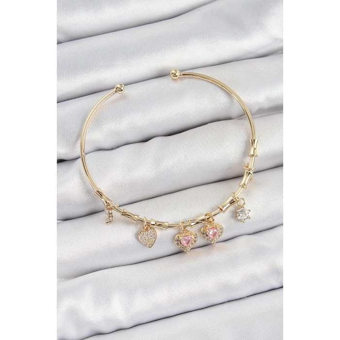 Pirinç Zirkon Taşlı Pembe Kalp Model Gold Renk Charm Bileklik