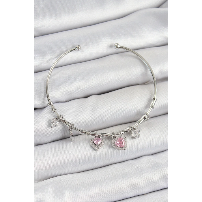 Pirinç Zirkon Taşlı Pembe Kalp Model Gümüş Renk Charm Bileklik