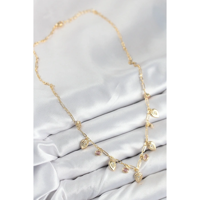 Pirinç Zirkon Taşlı Sallantılı Damla Model Gold Renk Kadın Kolye