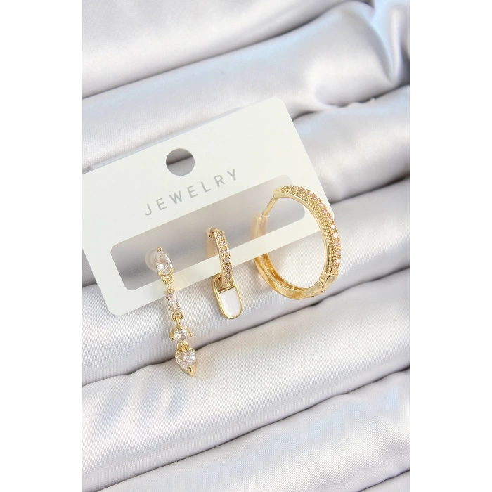 Pirinç Zirkon Taşlı Sallantılı Model Gold Renk 3lü Çift Kadın Küpe Set