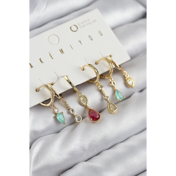 Pirinç Zirkon Taşlı Sallantılı Model Gold Renk 6lı Küpe Set