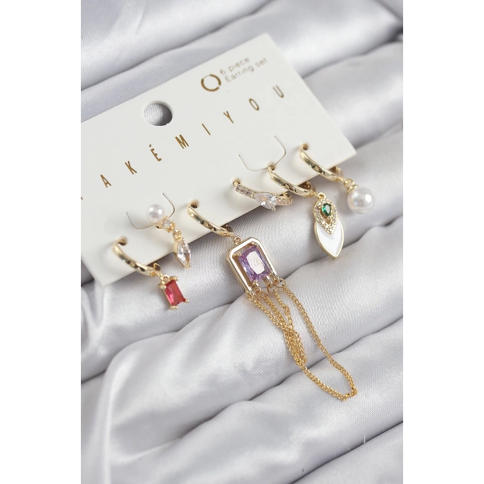 Pirinç Zirkon Taşlı Sallantılı Ve İncili Gold Renk 6lı Küpe Set