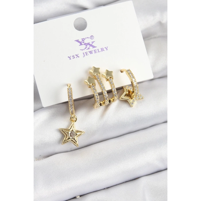 Pirinç Zİrkon Taşlı Sallantılı Yıldız Model Gold Renk 3lü Kadın Küpe
