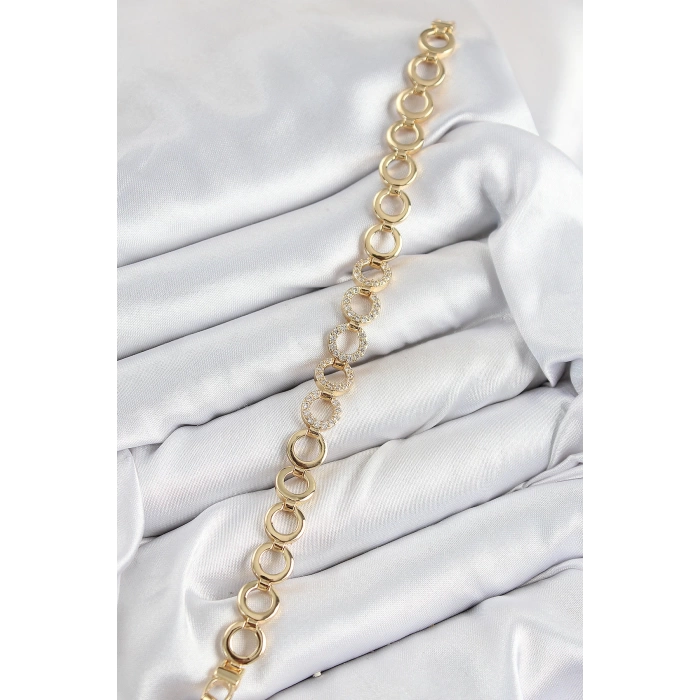 Pirinç Zirkon Taşlı Sıralı Halka Model Gold Renk Kadın Bileklik