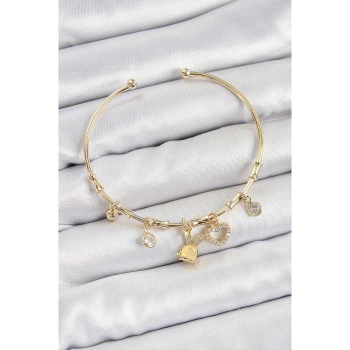 Pirinç Zirkon Taşlı Tavşan Ve Kalp Model Gold Renk Charm Bileklik