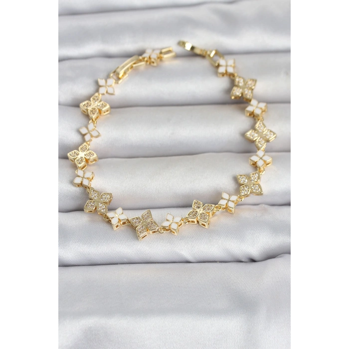 Pirinç Zirkon Taşlı ve Mineli Yonca Model Gold Renk Kadın Bileklik