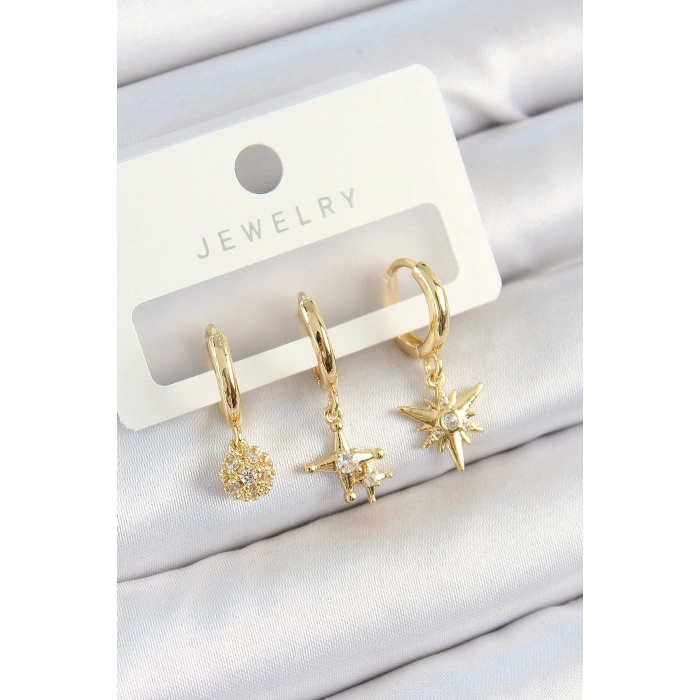 Pirinç Zirkon Taşlı Yıldız Model Gold Renk 3lü Çift Kadın Küpe Set